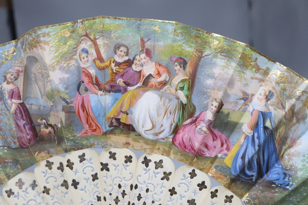A 19th century French painted leaf and ivory fan